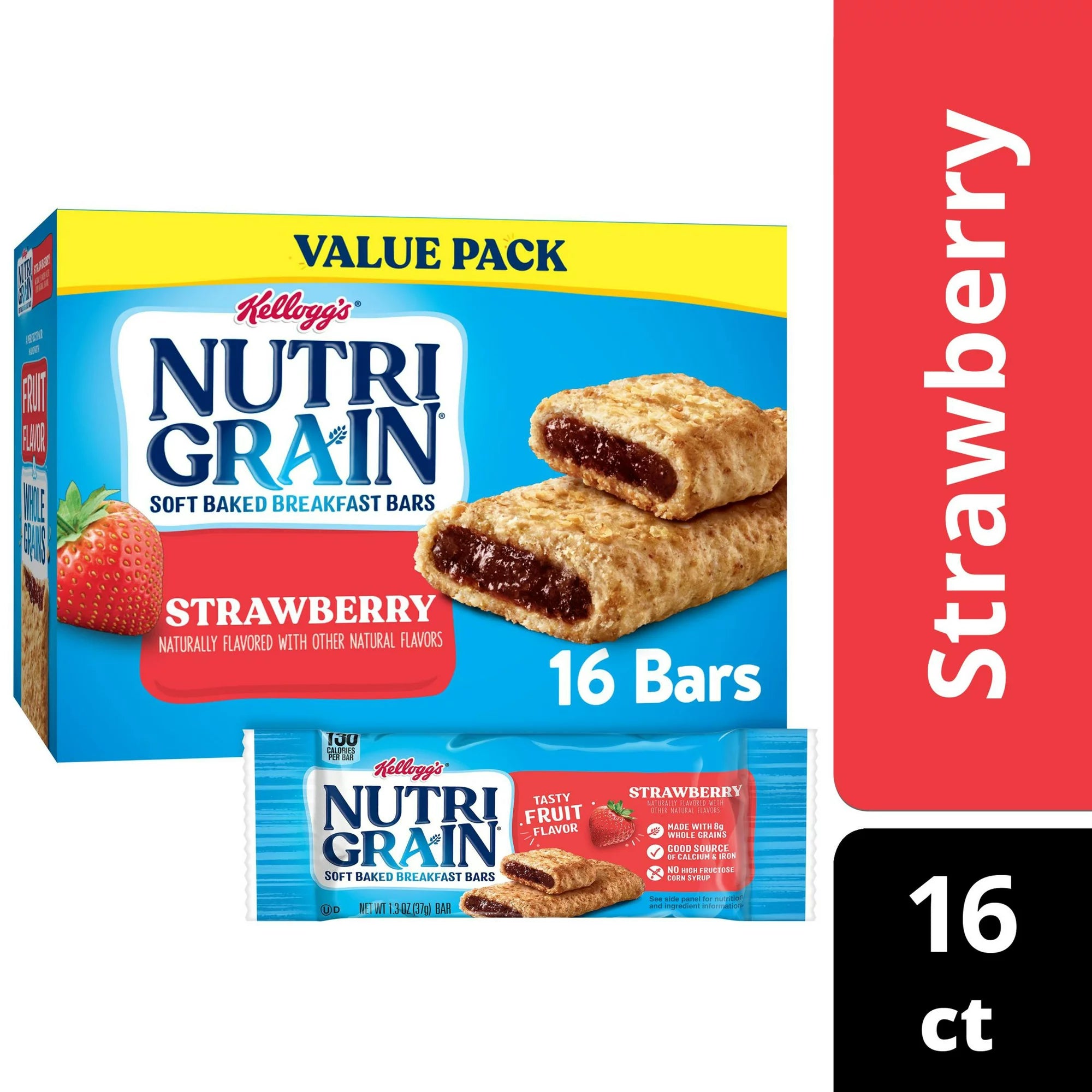 Barras de desayuno horneadas suaves y masticables Nutri-Grain con sabor a fresa, 16 unidades, 20,8 oz