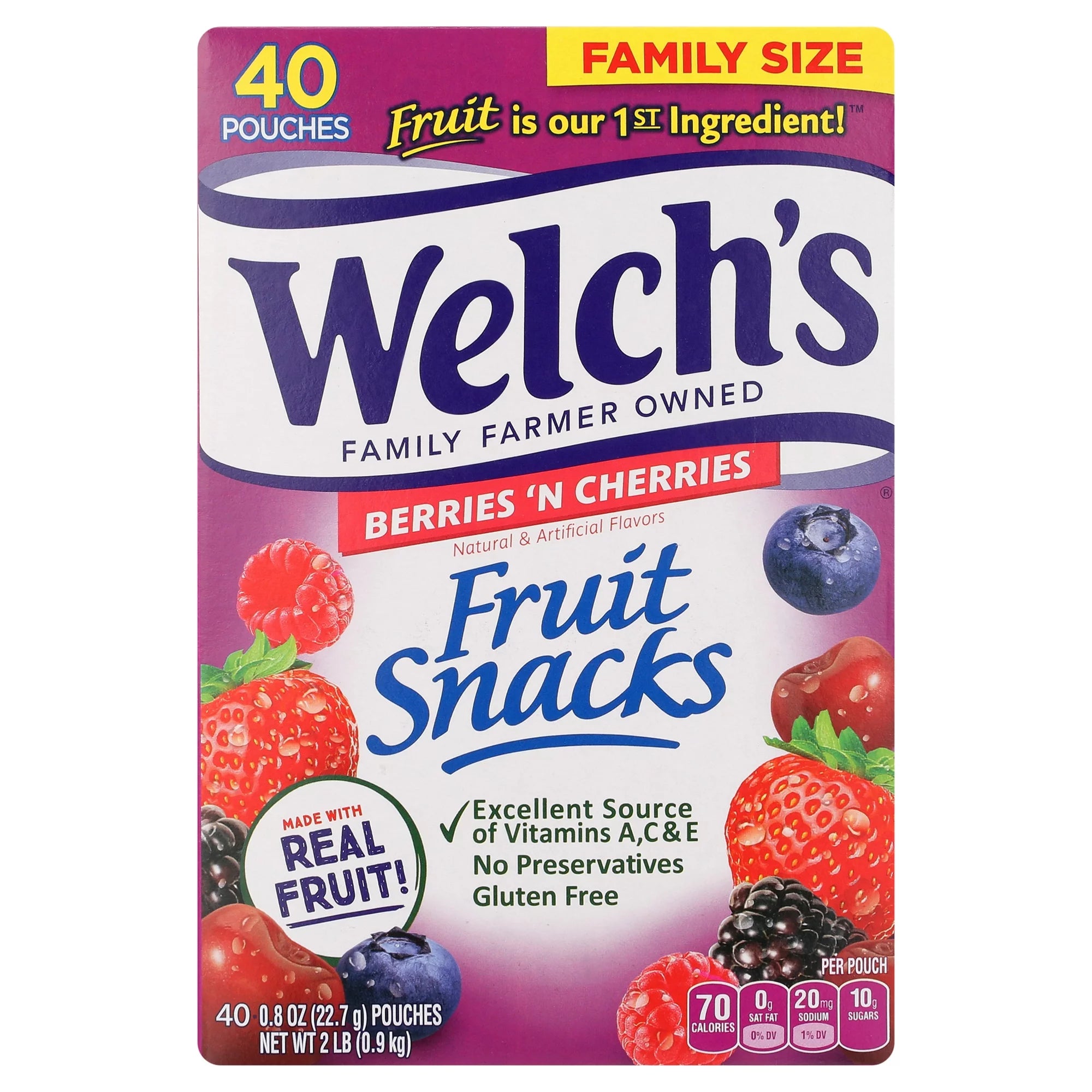 Bocadillos de frutas Welch's Berries 'n Cherries, tamaño familiar, 40 unidades, 2 libras