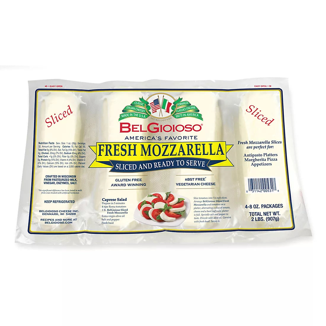 Queso mozzarella fresco en rodajas BelGioioso, paquete de 4 32 oz