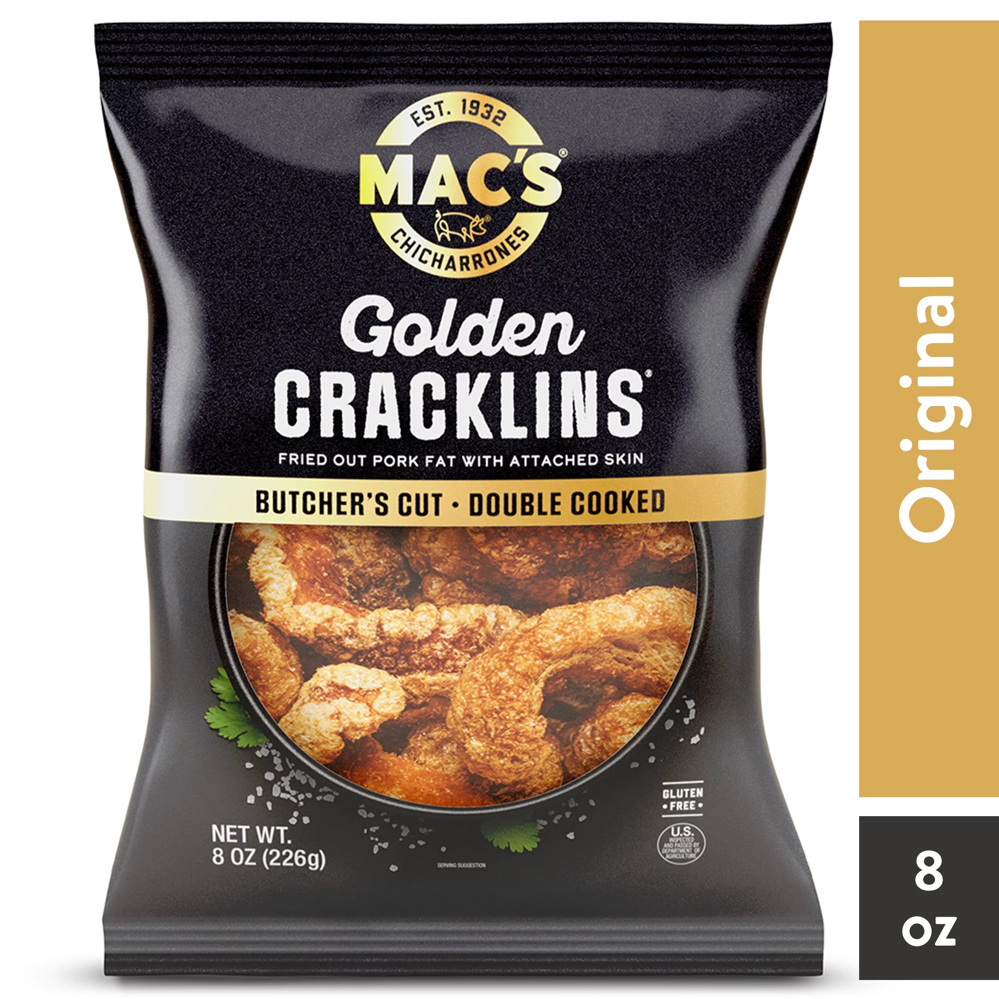 Mac’s Chicharrones Golden Pork Cracklins, Fried Pork Fat with Skin – 8 oz