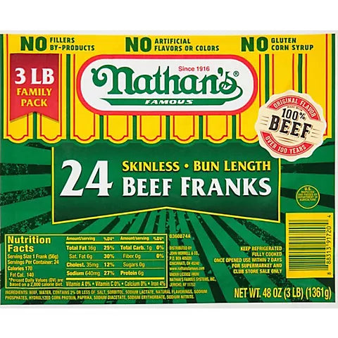 Nathan’s Famous Beef Skinless Franks, 24 Count – 3 lbs (48 oz)