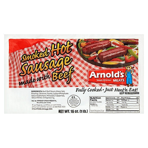 Arnold’s Smoked Hot Sausage, 7 count 16 Oz