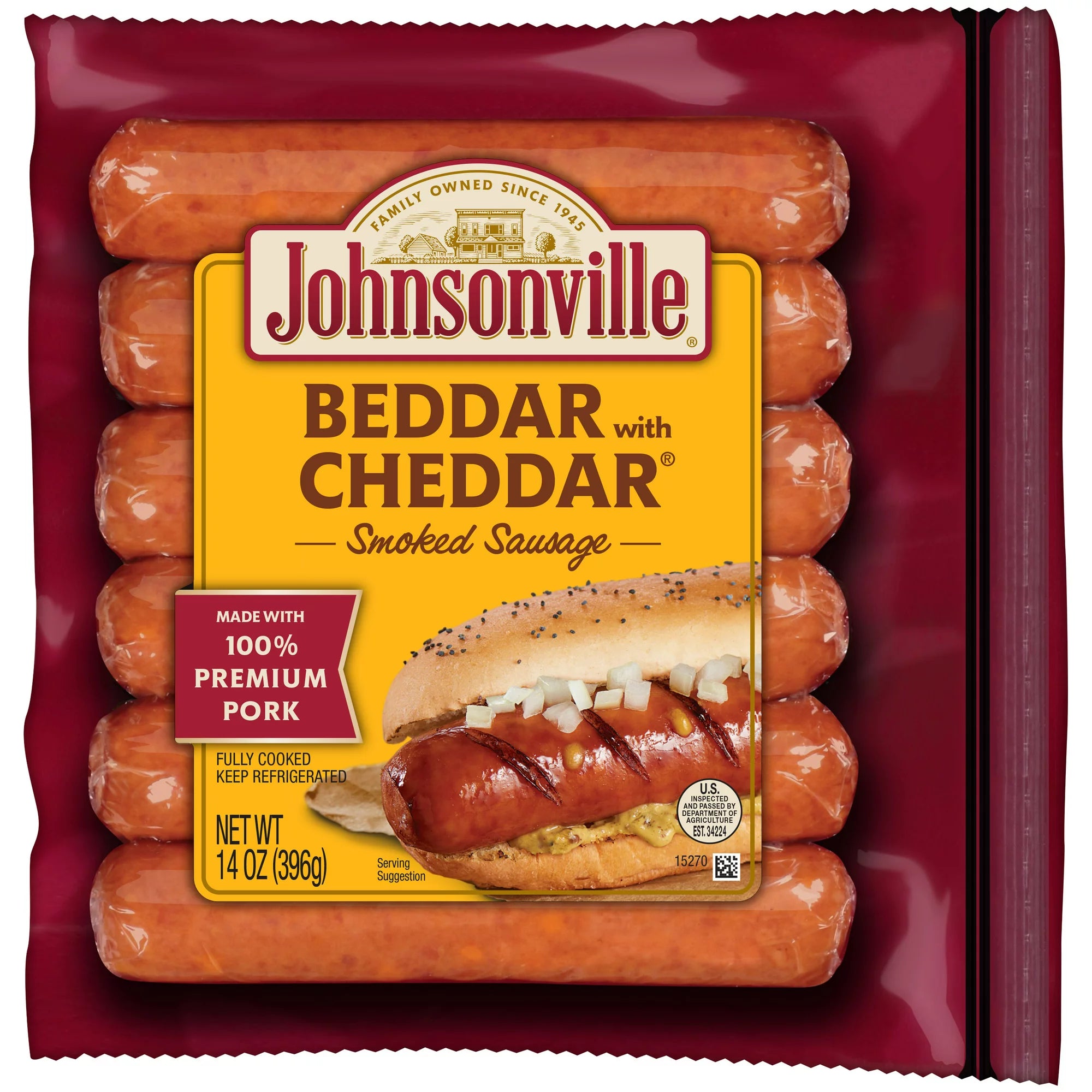 Salchicha ahumada Johnsonville Beddar con queso cheddar, 6 salchichas de 14 oz 