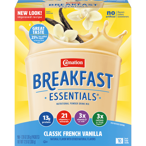 Carnation Breakfast Essentials Nutritional Powder Drink Mix, Classic French Vanilla, 10 ct 13 oz