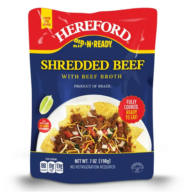 Carne de res desmenuzada completamente cocida de Hereford con caldo de res, 7 oz