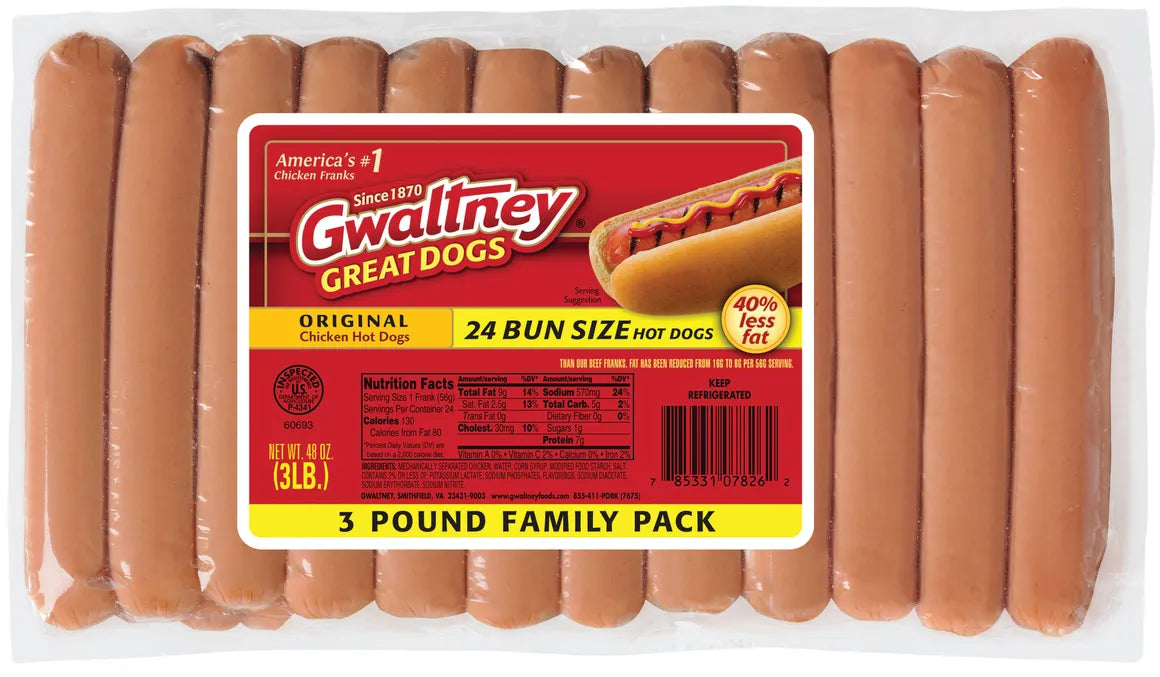 ﻿Gwaltney Original Chicken Hot Dogs 3 LB. 24 Count