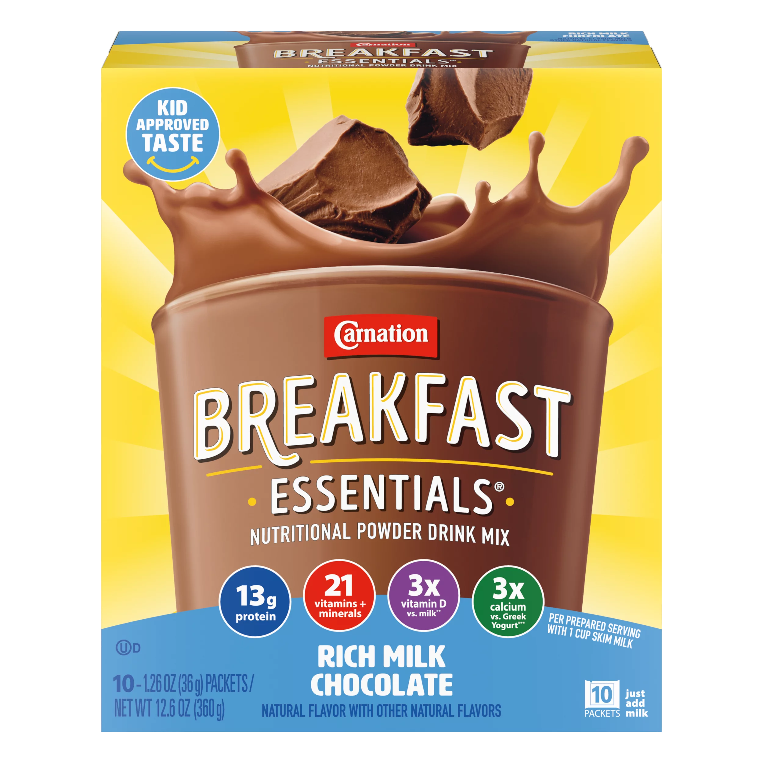 Mezcla de bebida nutricional en polvo Carnation Breakfast Essentials, chocolate con leche intenso, 10 unidades 